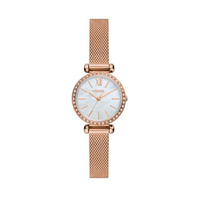 Reloj Tillie Mini de malla de acero inoxidable en tono oro rosa con tres agujas