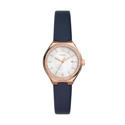 Eevie Three-Hand Date Navy Leather Watch