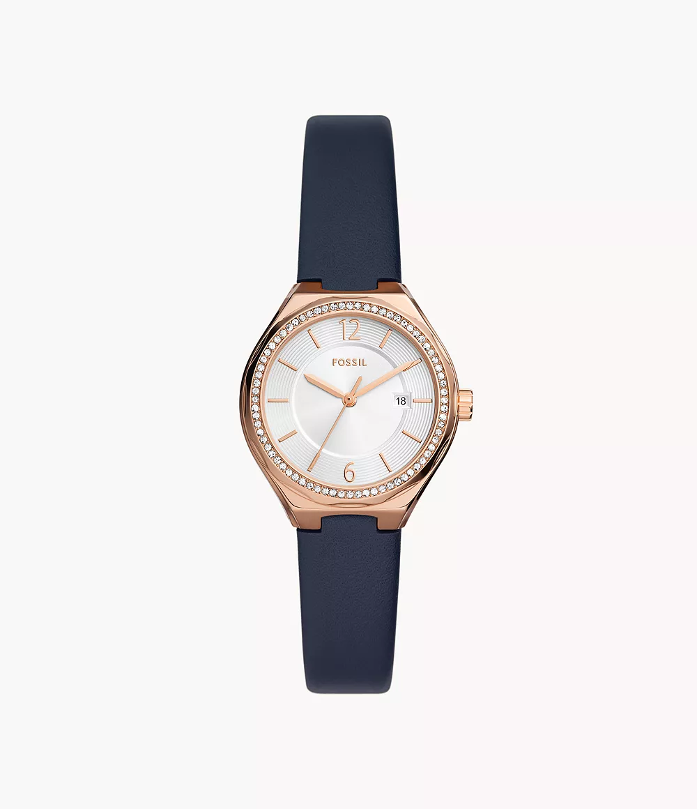 Image of Eevie Three-Hand Date Navy Leather Watch