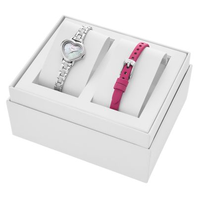 Karli Heart Three-Hand Stainless Steel Watch and Strap Set