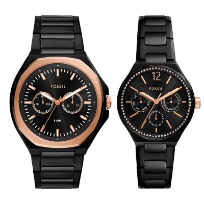 His and Her Multifunction Black Stainless Steel Watch Set