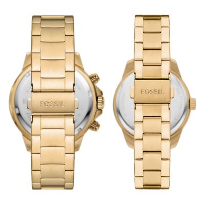 His and Hers Multifunction Gold-Tone Stainless Steel Watch Set
