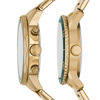 His and Hers Multifunction Gold-Tone Stainless Steel Watch Set