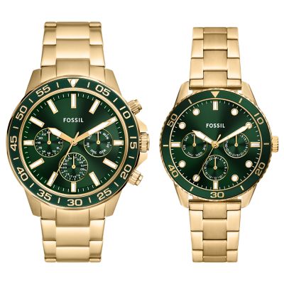 His and Hers Multifunction Gold-Tone Stainless Steel Watch Set