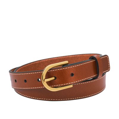 Men's accessories with brown leather belt, sunglasses, watch