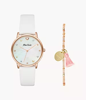 Mon Amie Iconic Health White Leather Watch and Bracelet Set