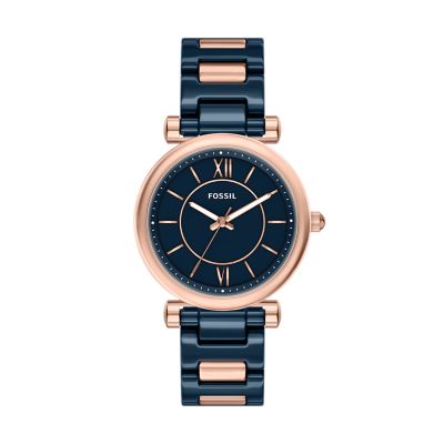Carlie 38 mm Three-Hand Navy Ceramic and Rose Gold-Tone Stainless Steel Watch