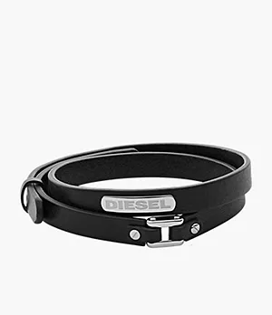Diesel Stacked Stainless-Steel and Black Leather Bracelet
