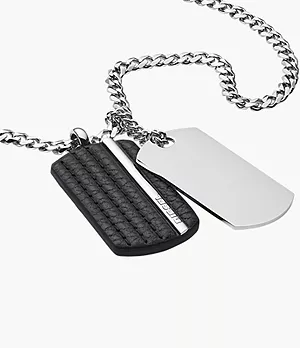 Diesel Double Dog Tag Steel and Black Leather Pendant Necklace