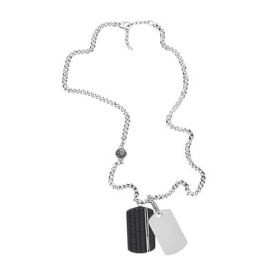 Diesel Men's Double Dog Tag Steel And Black Leather Pendant Necklace - Silver