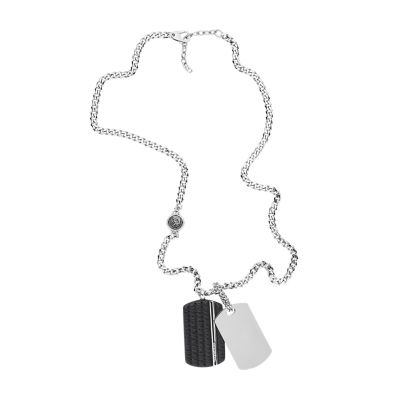 Diesel Double Dog Tag Steel and Black Leather Pendant Necklace