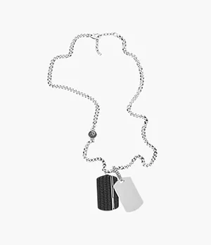 Diesel Double Dog Tag Steel and Black Leather Pendant Necklace