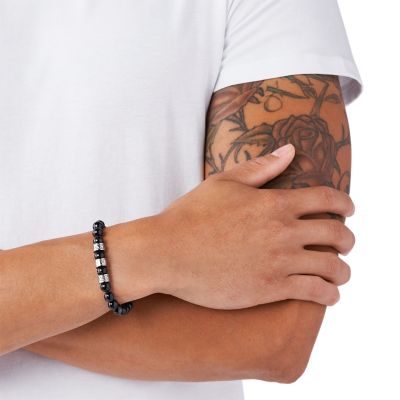 Diesel Men's Stainless-Steel and Black Line Agate Bead Bracelet