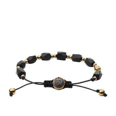 Diesel Black Agate and Gold-Tone Stainless Steel Beaded Bracelet