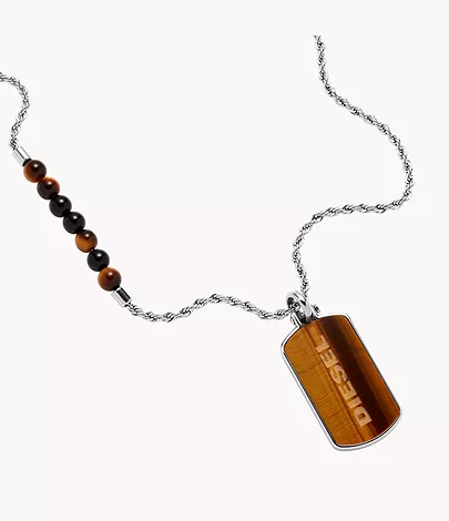 Diesel Tiger's Eye and Stainless Steel Dogtag Necklace