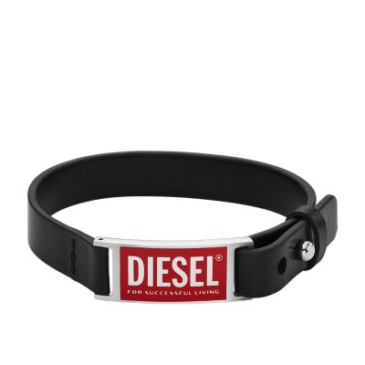 Diesel Black Leather Logo Stack Bracelet