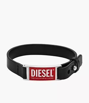 Diesel Black Leather Logo Stack Bracelet