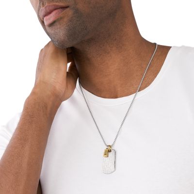 American Exchange Men's Diamond Stainless Steel Gold/Gold Dog Tag Pendant  Necklace 