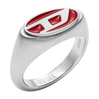 Diesel Men's Red Lacquer And Stainless Steel Signet Ring - Silver