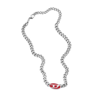 Diesel Red Lacquer and Stainless Steel Chain Necklace