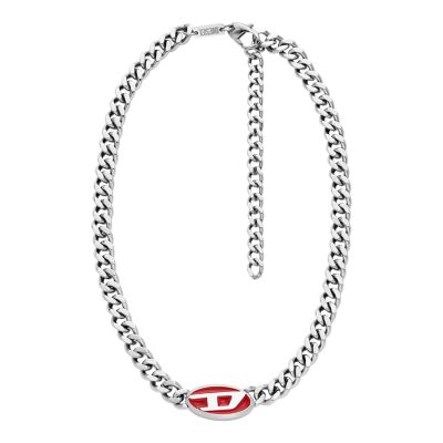 Diesel Red Lacquer and Stainless Steel Chain Necklace - DX1446040