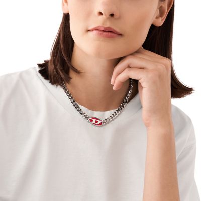 Diesel Red Lacquer and Stainless Steel Chain Necklace