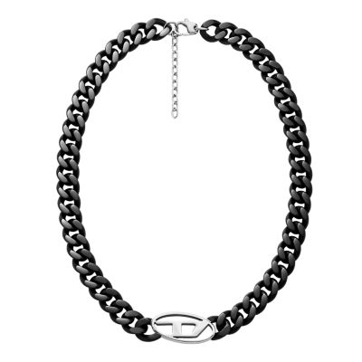 ★【DIESEL】 Oval D Logo Choker Necklace★ Diesel Black Stainless Steel Oval D Chain Necklace