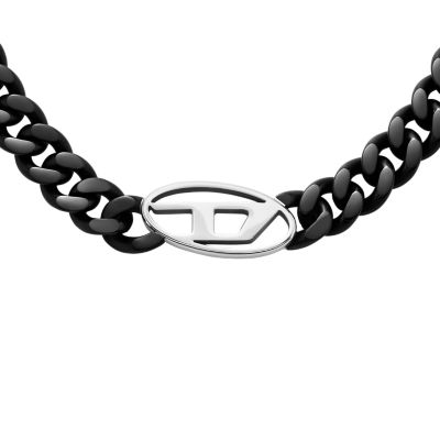 ★【DIESEL】 Oval D Logo Choker Necklace★ Diesel Black Stainless Steel Oval D Chain Necklace