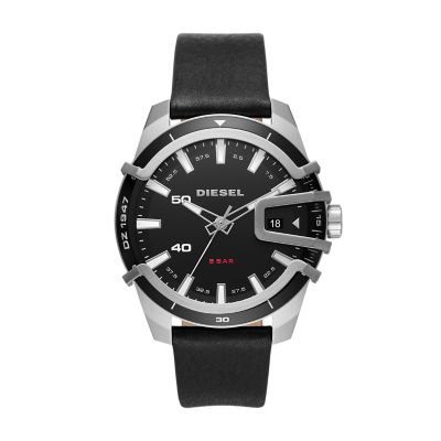 Diesel Caged Three-Hand Black Leather Watch