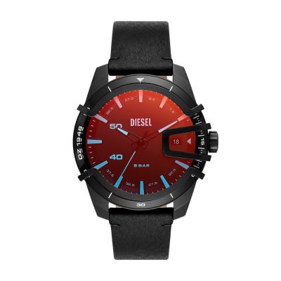 Diesel Caged Three-Hand Black Leather Watch