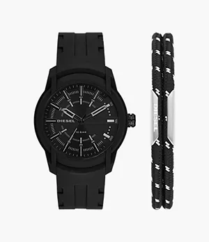 Diesel Armbar Three-Hand Black Silicone Watch and Bracelet Set