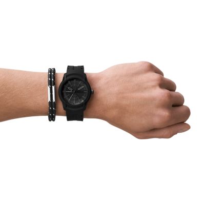 Diesel Armbar Three-Hand Black Silicone Watch and Bracelet Set 