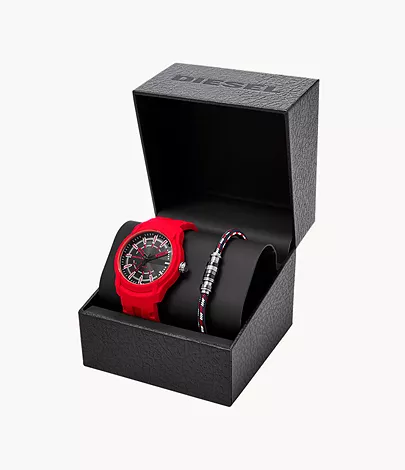 Diesel Armbar Three-Hand Red Silicone Watch and Bracelet Set 