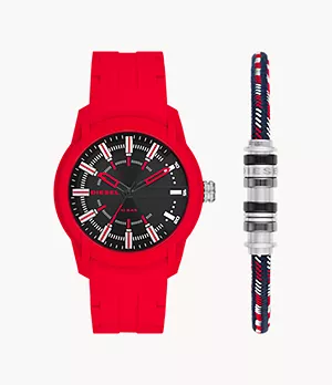 Coffret montre Armbar de Diesel à trois aiguilles en silicone, rouge, et bracelet