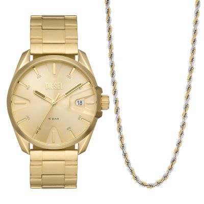 Diesel Men's Ms9 Three-Hand Date Gold-Tone Stainless Steel Watch And Necklace Set - Gold
