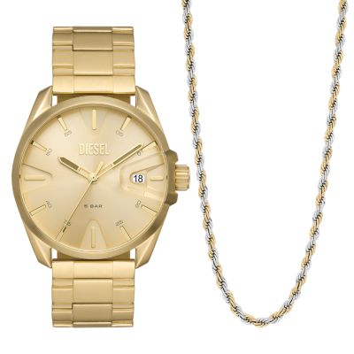 Diesel MS9 Three-Hand Date Gold-Tone Stainless Steel Watch and Necklace Set