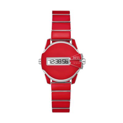 Red Lacquer Stainless Steel Diesel Digital Station and Watch - Chief Watch Baby - DZ2192