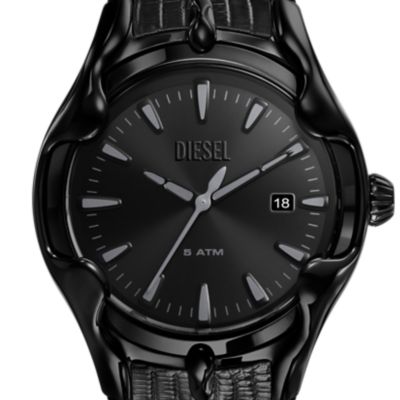 Diesel Vert Three-Hand Date Black Leather Watch
