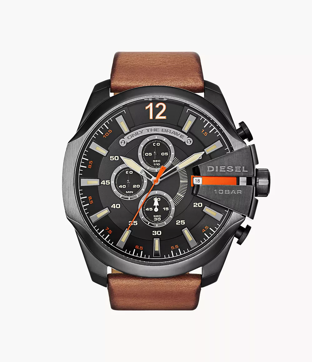 Diesel Men's Mega Chief Chronograph Black Leather Watch - DZ4344
