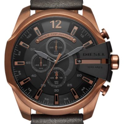 Montre en cuir noir et ton or rose chronographe Mega Chief pour hommes Diesel