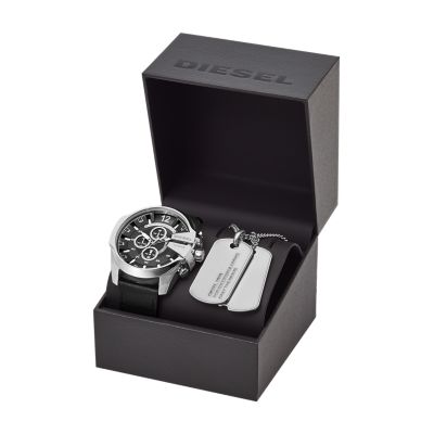 Diesel Mega Chief Chronograph Black Leather Watch and Necklace Set - DZ4559  - Watch Station