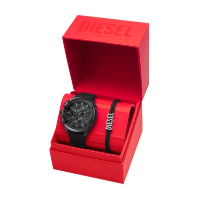 Diesel Griffed Chronograph Black Silicone Watch and Bracelet Set