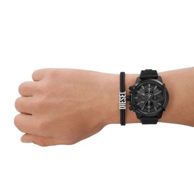 Diesel Griffed Chronograph Black Silicone Watch and Bracelet Set