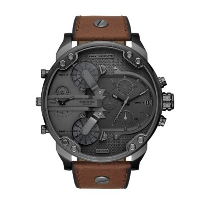 brown leather strap chronograph watch