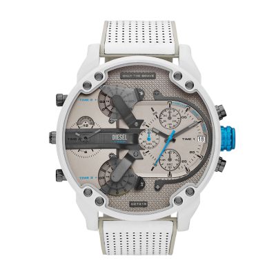 Montre Mr. Daddy 2.0 de Diesel chronographe en cuir blanche et grise pour homme