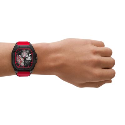 Diesel Flayed Automatic Three-Hand and Watch Black Red - Watch Station DZ7469 Silicone 