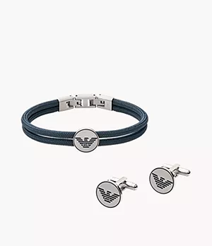 Coffret cadeau bracelet et boutons de manchette Emporio Armani en nylon bleu marine