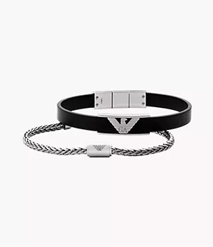 Emporio Armani Stainless Steel and Leather Bracelet Set