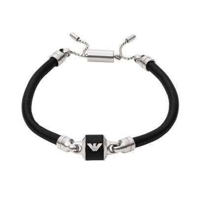 Emporio Armani Black Marble and Leather Strap Bracelet