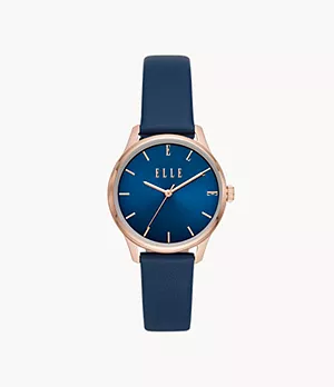 ELLE Monceau Three-Hand Blue Leather Watch